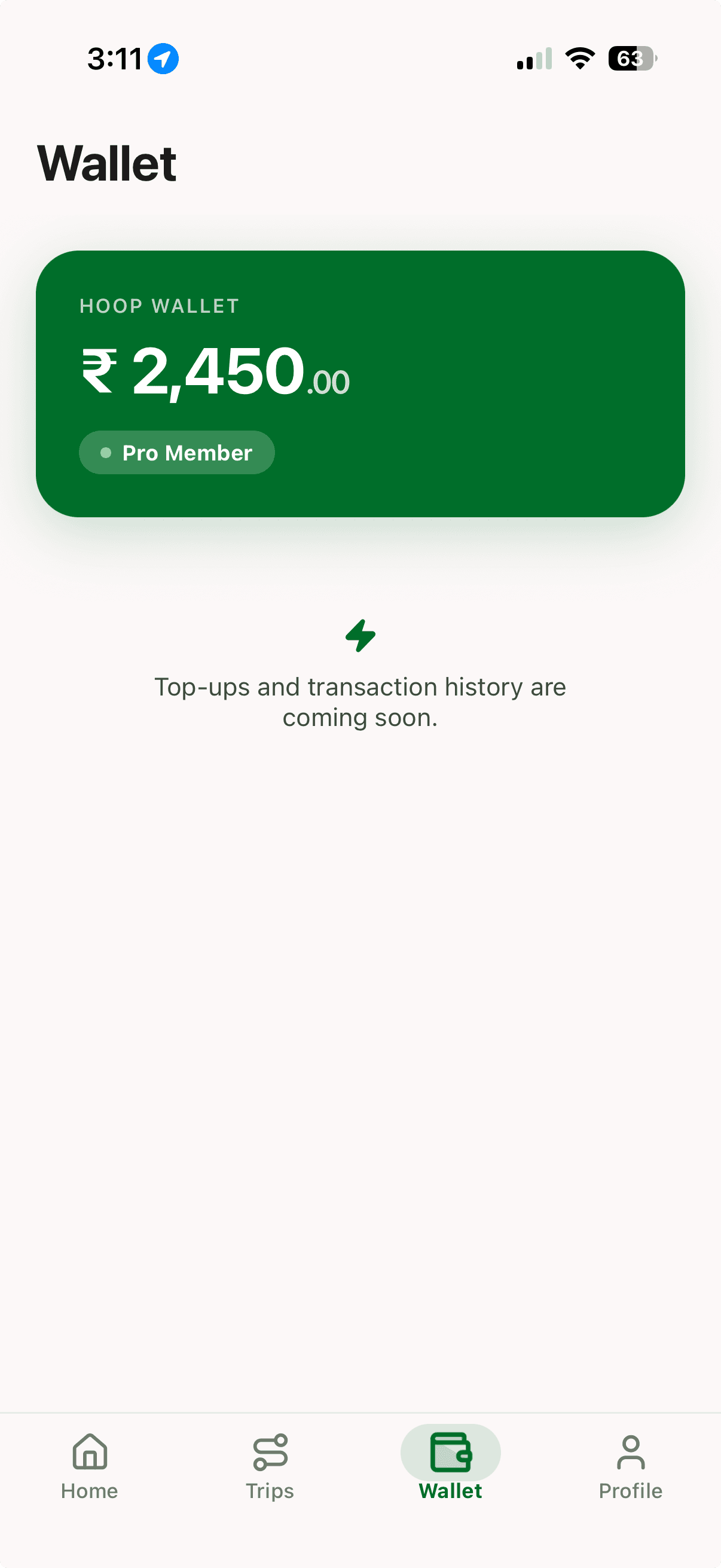 HOOP app — Wallet screen